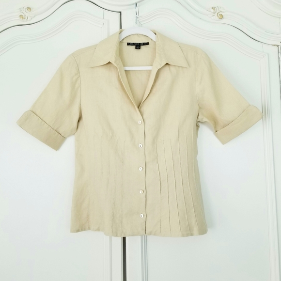 Lafayette 148 NY Beige Linen Short Sleeve Pintuck Button Front Top Women 6 - Picture 1 of 4
